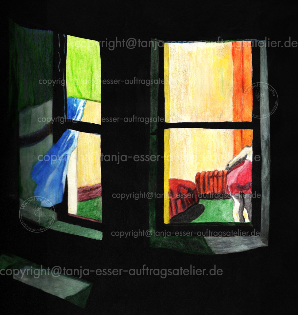 Nächtliches Fenster | Buntstiftzeichnung zeigt ein nächtliches Fenster. Einblick in ein Haus und in ein Zimmer. Es ist Sommer, die Fenster stehen offen. Eine Frau in einem Negligee bückt sich. Bett und Heizkörper sind als Einrichtung zu erkennen. 