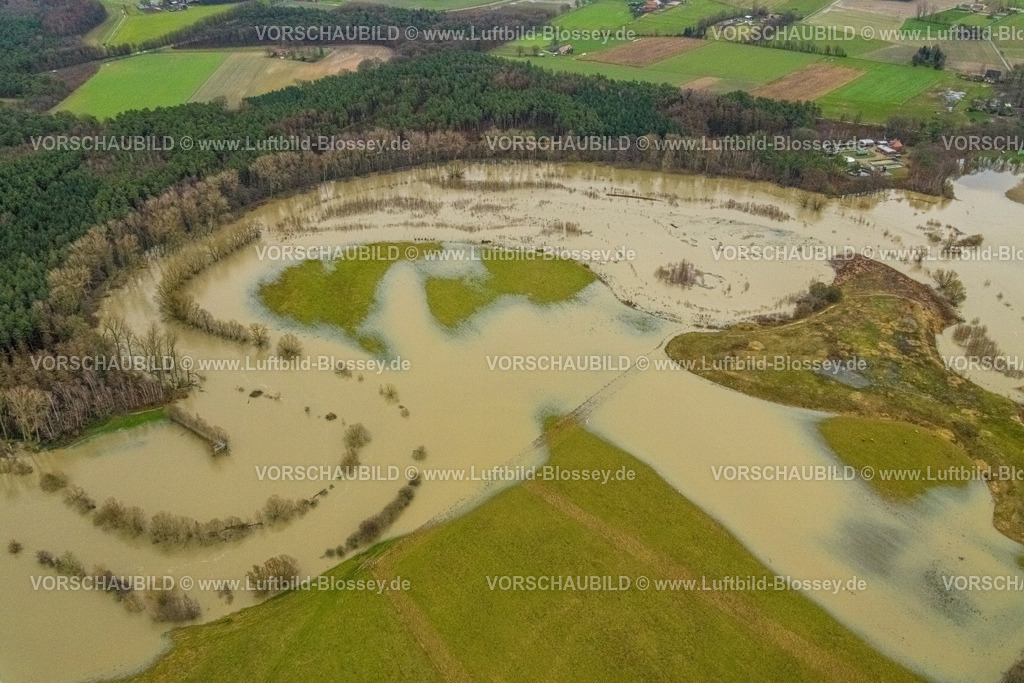 Datteln231204475Lippe | Luftbild vom Hochwasser der Lippe, Weihnachtshochwasser 2023, Fluss Lippe tritt nach starken Regenfällen über die Ufer, Überschwemmungsgebiet Lippemäander an der Lippe Aussichtsplattform, Bäume im Wasser, Hötting, Datteln, Ruhrgebiet, Nordrhein-Westfalen, Deutschland