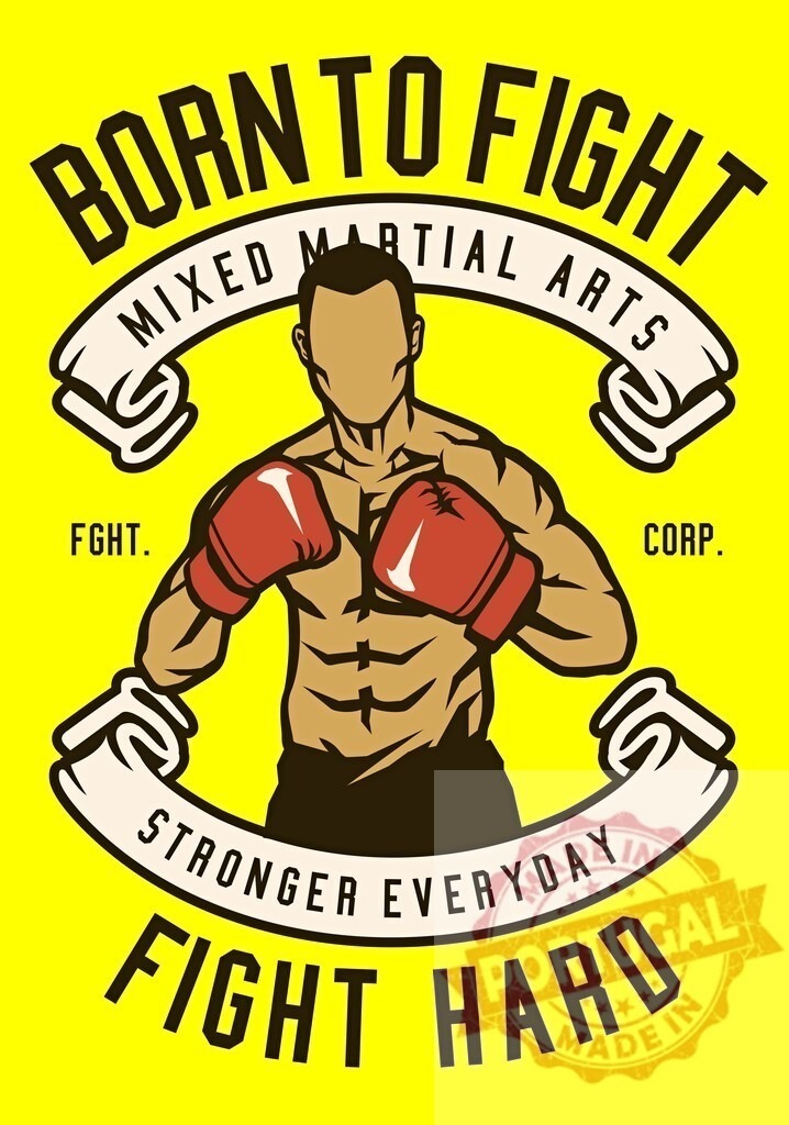 Fighter with boxing gloves for mixed martial arts concept. T-Shirt design | Muscular fighter wearing boxing gloves with Born to Fight and Stronger Everyday text - Realized with Pictrs.com