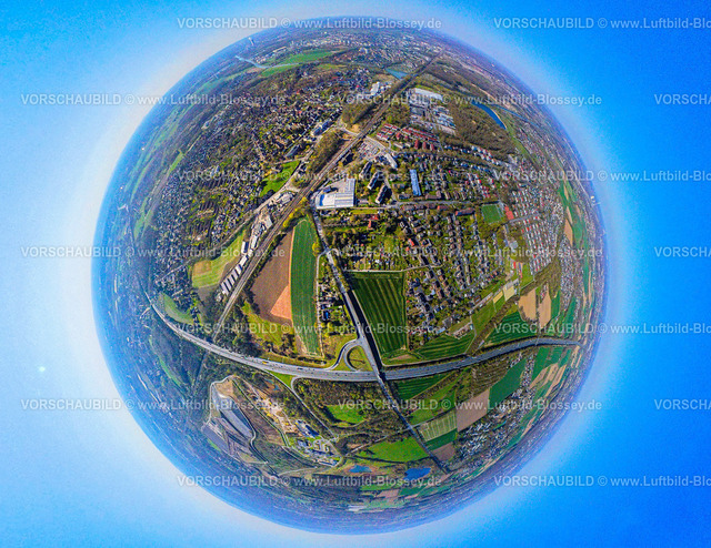 Luenen250490044Sued | Luftbild, Wohngebiet Ortsansicht Lünen-Süd und Autobahn A2, Erdkugel, Fisheye Aufnahme, Fischaugen Aufnahme, 360 Grad Aufnahme, tiny world, little planet, fisheye Bild, Altenderne, Lünen, Ruhrgebiet, Nordrhein-Westfalen, Deutschland