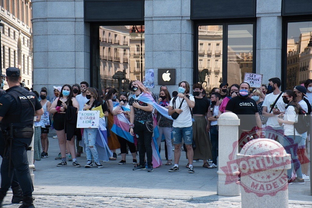 Transgender rights protest in Puerta del Sol, Madrid | People demonstrating for transgender rights with flags, signs, and a police presence - Realized with Pictrs.com