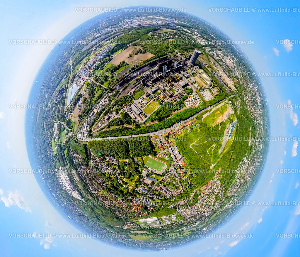 Bottrop230520067KokereiProsper | Luftbild, Kokerei Zeche Prosper, alpincenter, Erdkugel, Fisheye Aufnahme, Fischaugen Aufnahme, 360 Grad Aufnahme, Welheim, Bottrop, Ruhrgebiet, Nordrhein-Westfalen, Deutschland