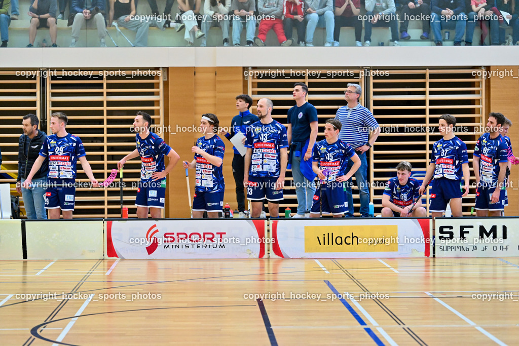 VSV Unihockye vs. KAC Floorball | Spielerbank VSV Unihockey, Headcoach VSV Unihockey Harald Felsberger, #29 Anze Brajic VSV Unihockey, #5 Michael Kanduth VSV Unihockey, #27 Lukas Florianschitz VSV Unihockey, #13 Jan Sláma VSV Unihockey, #15 Tristan Bogataj VSV Unihockey, #59 Nino Forelli VSV Unihockey, #37 Aleksander Bogataj VSV Unihockey, #92 Ingolf Natmessnig VSV Unihockey, VSV Unihockye vs. KAC Floorball, VSV Unihockye vs. KAC Floorball am 13.04.2025 in Villach (Ballspielhalle St. Martin), Austria, (Photo by Bernd Stefan)