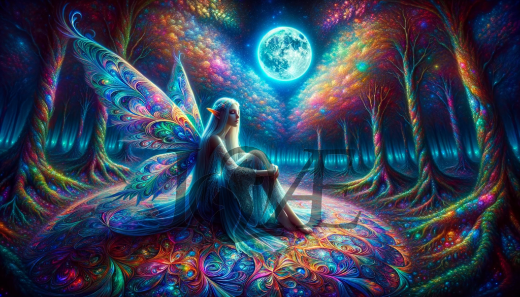 DALL_E 2023-10-05 22.04.09 - 8k vivid representation of a young elven maiden with wings that shimmer in a deep blue shade_ resting amidst the kaleidoscope of colors in a psychedel | psy4fly - Realisiert mit Pictrs.com