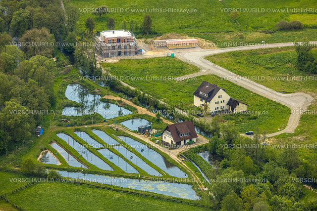 Marsberg240504257 | Luftbild, Fischteiche an der Vincentiusstraße, Fluss Diemel, hinten Baustelle mit Neubau Wohnhaus Riverside Apartment Ferienwohnung, Obermarsberg, Marsberg, Sauerland, Nordrhein-Westfalen, Deutschland