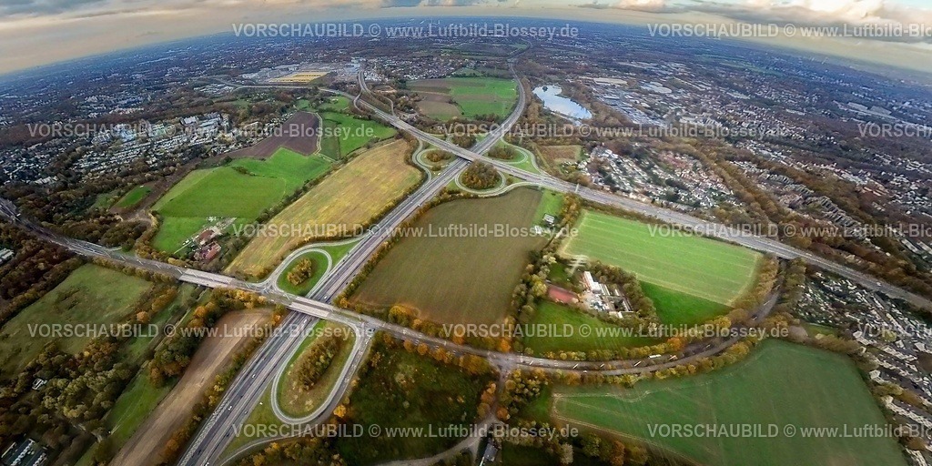Bochum231190076A43Stadionstandort-topaz | Luftbild, Luftbild, Autobahnkreuz Bochum-Witten der Autobahn A43 und Autobahn A448, Autobahnanschlussstelle Universitätsstraße mit dem Tierheim Bochum inmitten Wiesen und Feldern mit herbstlichen Laubbäumen, neuer Stadionstandort geplantes Gelände für das Bundesligastadion Vonovia Ruhrstadion des Fußballvereins VfL Bochum 1848, Ümminger See, Erdkugel, Fisheye Aufnahme, Fischaugen Aufnahme, 360 Grad Aufnahme, tiny world, little planet, fisheye Bild, Langendreer, Bochum, Ruhrgebiet, Nordrhein-Westfalen, Deutschland