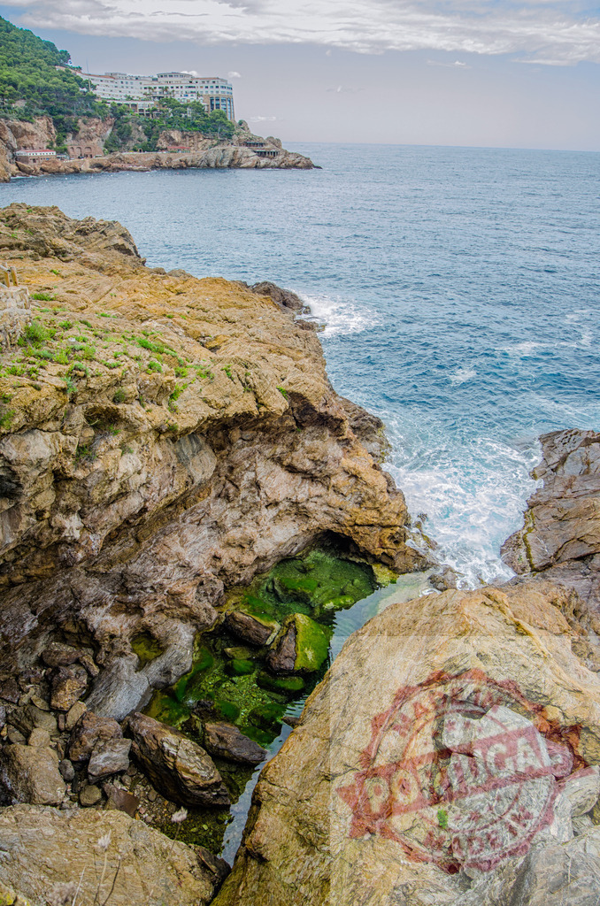 Waves crashing against the rocks of the Costa Brava in Lloret de Mar, Spain | Rocky coastline meeting the sea with green algae and a building in the background in Lloret de Mar, Spain - Realisiert mit Pictrs.com