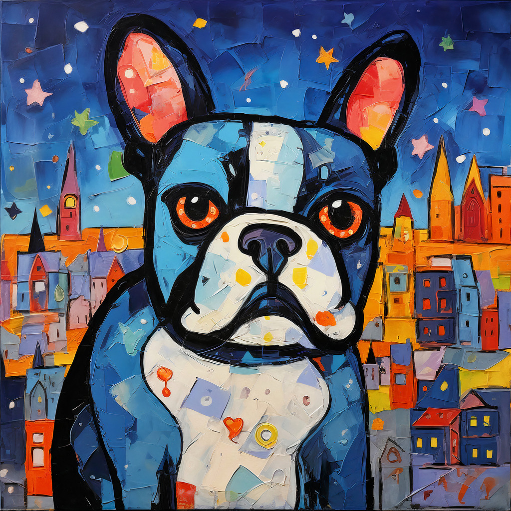 2307051 - Bunter Hund | Wandbild einer französischen Bulldogge, das an den Stil von Marc Chagall erinnert.
