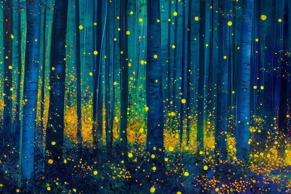 2407033 - Wald der Leuchtkäfer | Ein Wald voller Glühwürmchen im Stil eines modernen Gemäldes. Für Preise, Größen- und Materialauswahl klicken Sie bitte auf "Bestellen.