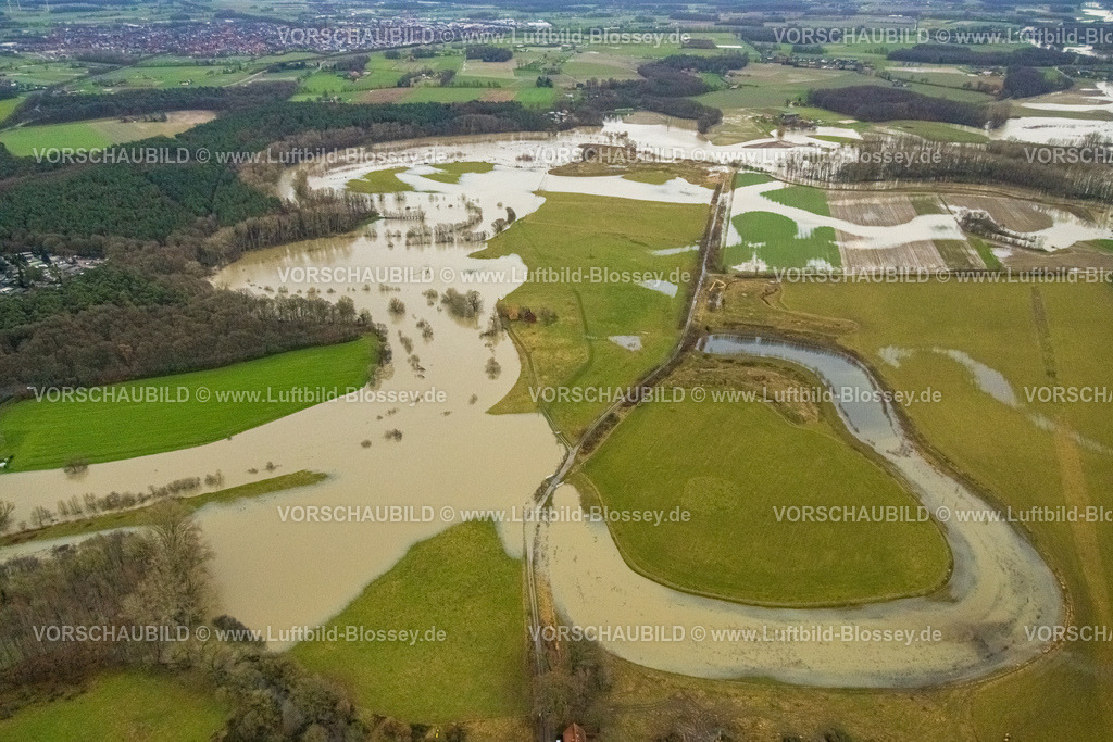 Datteln231204465Lippe | Luftbild vom Hochwasser der Lippe, Weihnachtshochwasser 2023, Fluss Lippe tritt nach starken Regenfällen über die Ufer, Überschwemmungsgebiet Lippemäander an der Lippe Aussichtsplattform, Bäume im Wasser, Hötting, Datteln, Ruhrgebiet, Nordrhein-Westfalen, Deutschland