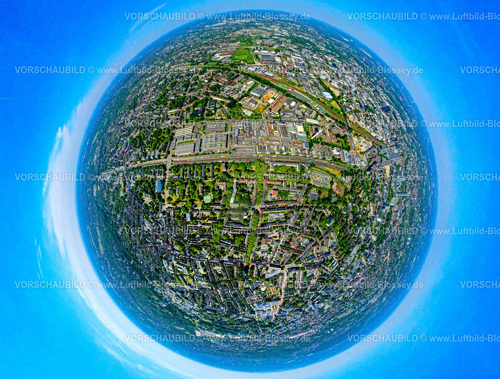 Essen250590023ETEC_A40 | Luftbild, ETEC Essener Technologie- und Entwicklungs-Centrum GmbH, Kruppstraße an der Autobahn A40,  Erdkugel, Fisheye Aufnahme, Fischaugen Aufnahme, 360 Grad Aufnahme, tiny world, little planet, fisheye Bild, Holsterhausen, Essen, Ruhrgebiet, Nordrhein-Westfalen, Deutschland