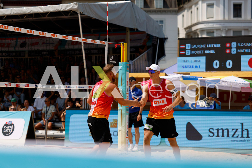 Obi BeachTour 2026 - Basel | BASEL, SWITZERLAND - JULY 19: LAURENZ LEITNER (AUT) and MORITZ KINDL (AUT) during the Obi BeachTour 2026 match between LEITNER / KINDL (AUT) and BREER / KÄLIN (SUI) at Barfüsserplatz on July 19, 2026 in Basel, Switzerland. - Realisiert mit Pictrs.com