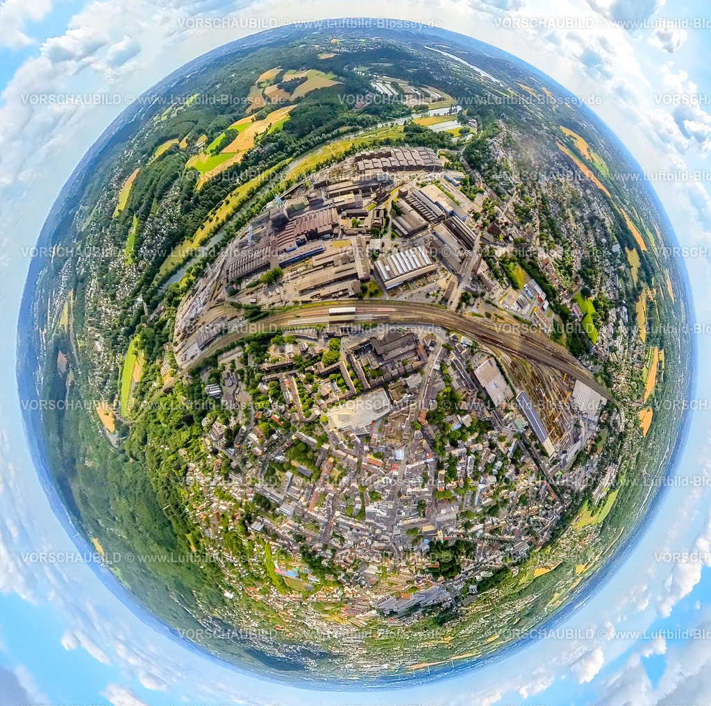 Witten230790044_DeutscheEdelstahlwerke | Luftbild, Deutsche Edelstahlwerke, Hauptbahnhof Witten, Stadtgalerie, Erdkugel, Fisheye Aufnahme, Fischaugen Aufnahme, 360 Grad Aufnahme, tiny world, , Witten, Ruhrgebiet, Nordrhein-Westfalen, Deutschland