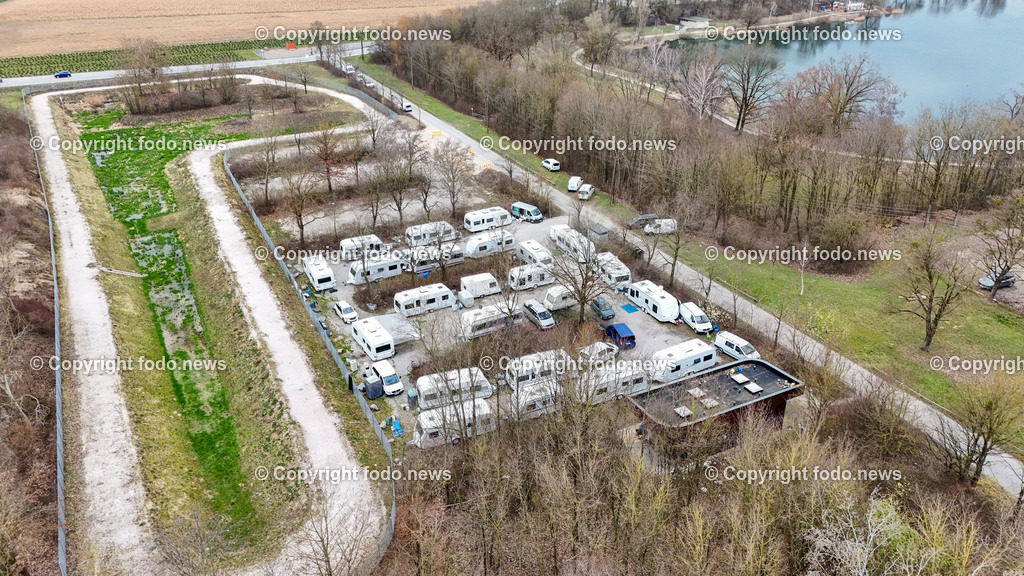 Pichlingersee_ Roma_ Sinti_ Camping_ Linz_ 06.03.2024-15 | 06.03.2024, Pichlingersee, AUT, Roma, Sinti, Camping, Durchreiseplatz, im Bild Campingflaeche, Wohnwagen, Drohne