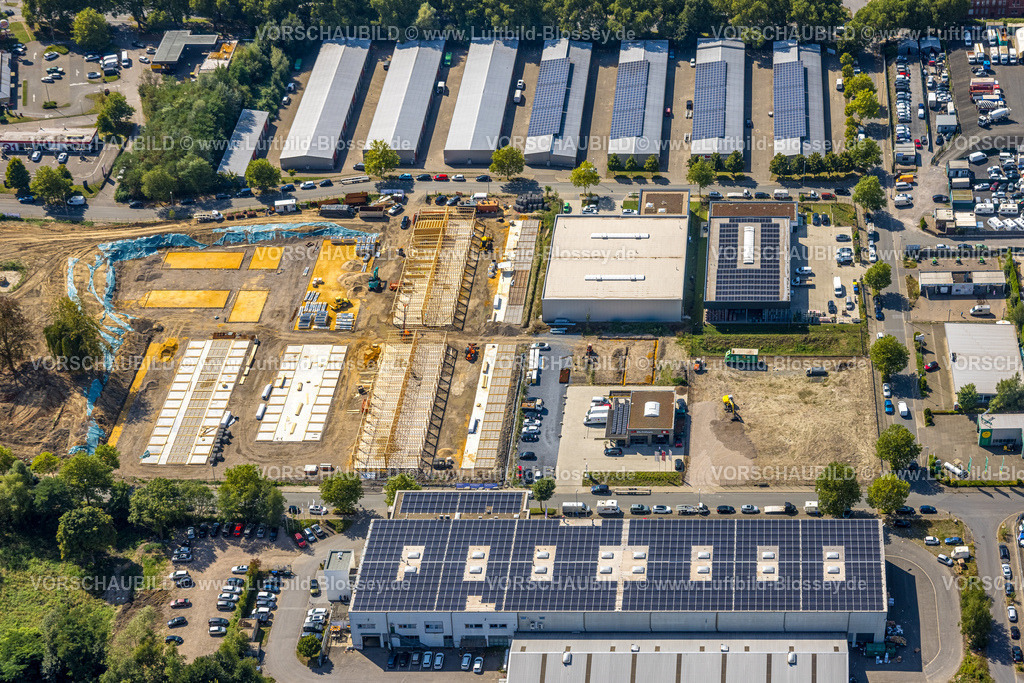 Gelsenkirchen240809245GE-Sued | Luftbild, Baugelände Dahlbusch Zeche, Gewerbegebiet Lagerhallen Zechenstraße, Solardächer, Rotthausen, Gelsenkirchen, Ruhrgebiet, Nordrhein-Westfalen, Deutschland
