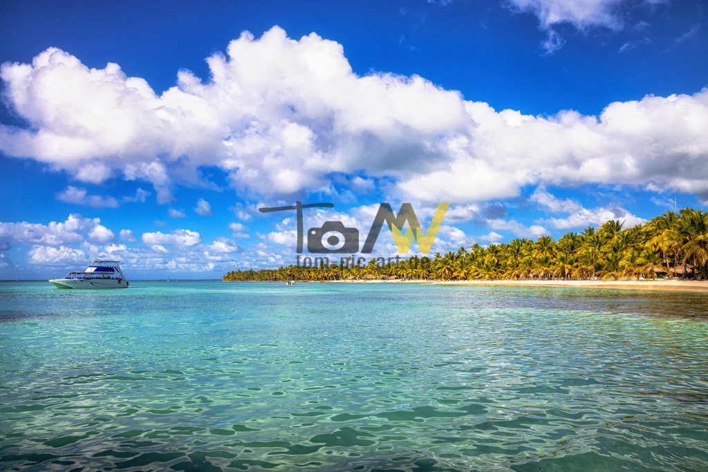 Strandblick in der Karibik mit Boot und Palmen | Tükisblau leuchtet das Meer in der strahlenden Sonne. In der Ferne der traumhafte Sandstrand mit schattenspendenden Palmen - Realisiert mit Pictrs.com