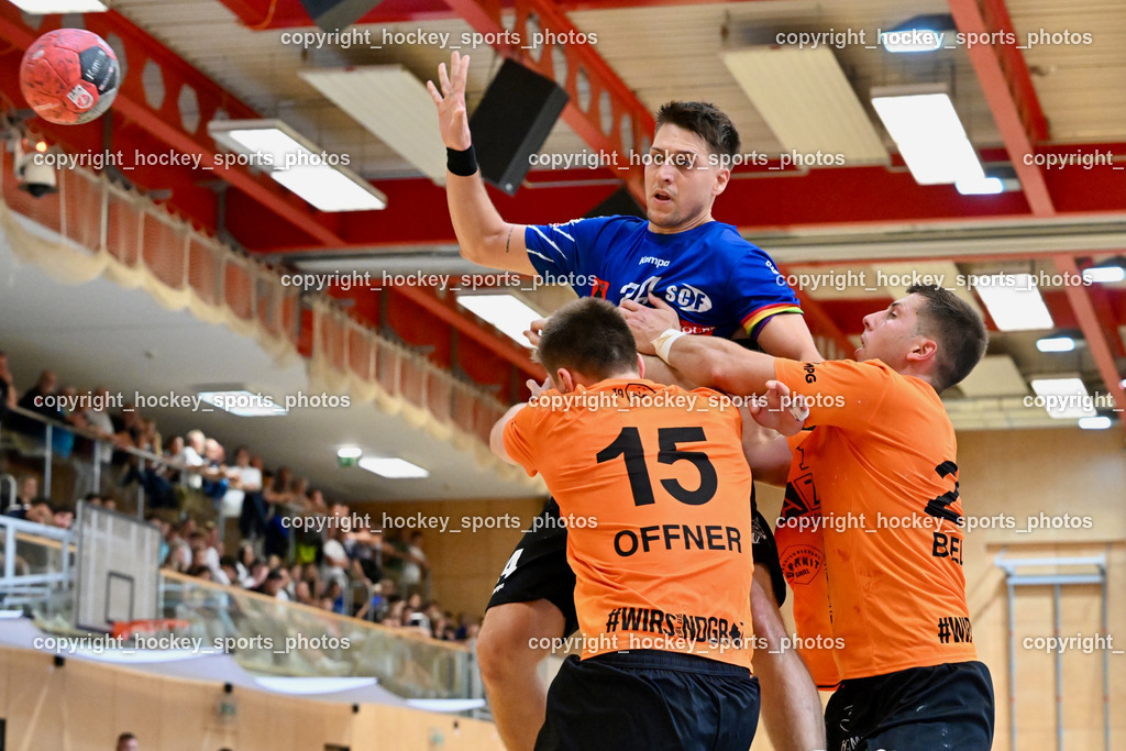 SC Ferlach vs. HSG Holding Graz 23.9.2023 | #15 OFFNER Paul Holding Graz, #24 JOVANOVIC Mladan SC Ferlach, #23 BELOS Nemanja Holding Graz, SC Ferlach vs. HSG Holding Graz 23.9.2023, SC Ferlach vs. HSG Holding Graz am 23.09.2023 in Bleiburg (Ballspielhalle Ferlach), Austria, (Photo by Bernd Stefan)
