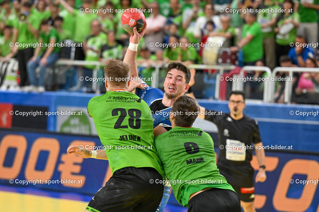 AUT, HLA, HC Linz AG vs SG Handball Westwien | 07.06.2023, Sporthauptschule Linz-Kleinmuenchen, AUT, HLA, HC Linz AG vs SG Handball Westwien, im Bild Alexander Hermann (Linz) vs Wilhelm Jelinek (Westwien), Markus Mahr (Westwien)

// HLA, Handball Liga Austria Match between HC Linz AG vs SG Handball Westwien in Linz, Austria on 2023/06/07