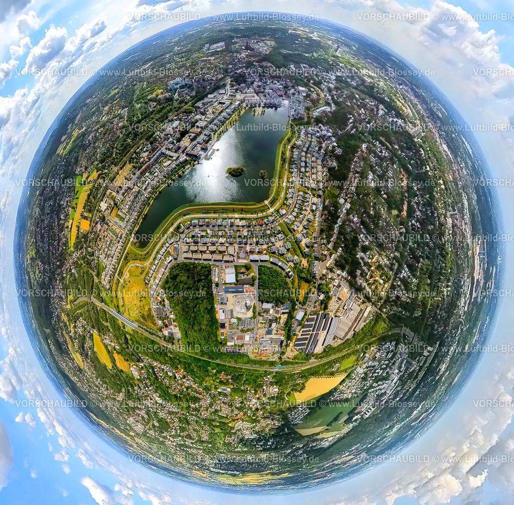 Dortmund230790026_PhoenixSee | Luftbild, Phoenix-See, Wohngebiet, Erdkugel, Fisheye Aufnahme, Fischaugen Aufnahme, 360 Grad Aufnahme, tiny world, Hörde, Dortmund, Ruhrgebiet, Nordrhein-Westfalen, Deutschland