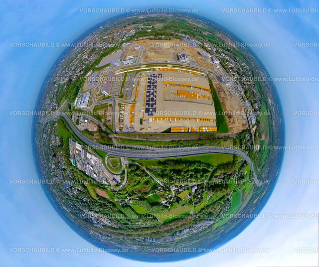 Bochum240490012OPEL_Mark51 7 | Luftbild, Großbaustelle Mark 51/7, O-Werk Campus und Neubau Wissenschafts- und Technologiequartier, ehemaliges Opel Areal an der Autobahn A448, Erdkugel, Fisheye Aufnahme, Fischaugen Aufnahme, 360 Grad Aufnahme, tiny world, little planet, fisheye Bild, Laer, Bochum, Ruhrgebiet, Nordrhein-Westfalen, Deutschland