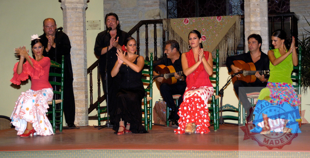 Flamenco performers clashing hands and playing guitar | Flamenco group performing traditional dance and music on a stage in Spain - Realized with Pictrs.com