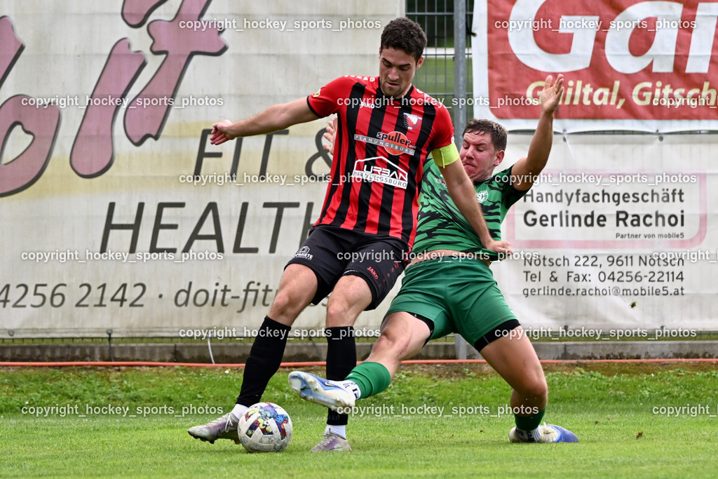 ATUS Nötsch vs. SC Landskron | #21 Nicolas Janschitz ATUS Nötsch, #21 Fabio Gödel SC Landskron, ATUS Nötsch vs. SC Landskron, ATUS Nötsch vs. SC Landskron am 26.07.2025 in Nötsch (Dobratsch Arena), Austria, (Photo by Bernd Stefan)
