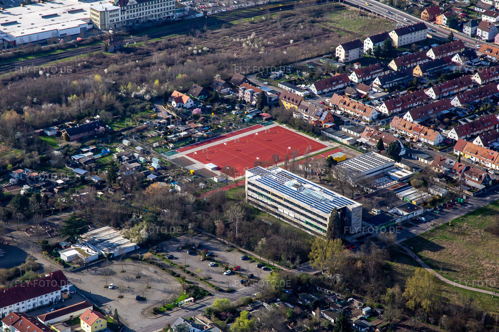 Luftbild: Eduard-Spranger-Gymnasium und neue Sportplätze im Ortsteil Queichheim in Landau im Bundesland Rheinland-Pfalz in Deutschland. Foto: IMG_139952.jpg vom 14.03.2024 durch Werner Riehm/FLY-FOTO.de