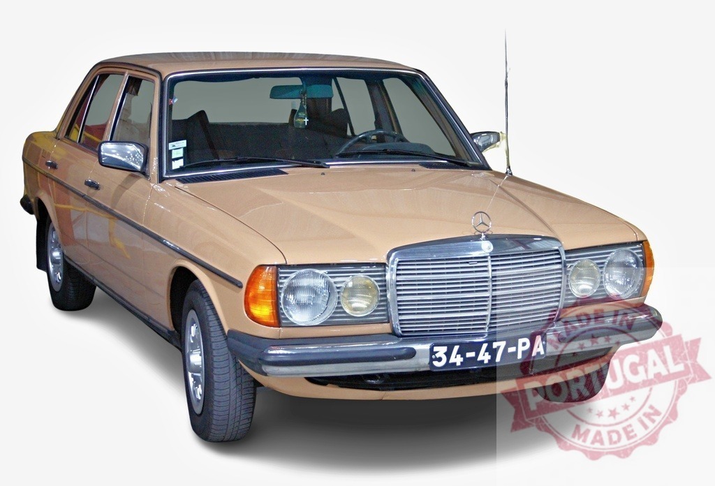 Mercedes-Benz w123 posing in studio with white background | Classic Mercedes-Benz w123 car parked in a studio with a white background, showcasing its vintage elegance - Realized with Pictrs.com