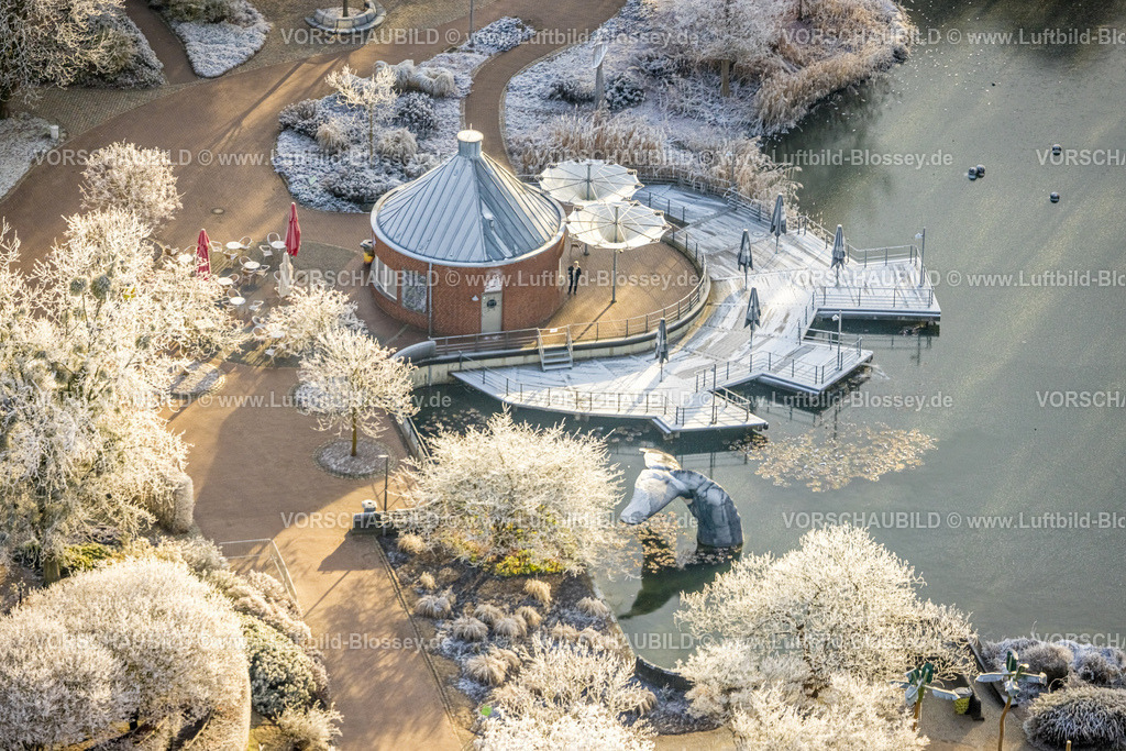 Hamm221202633 | Luftbild, Winterlicher Maximilianpark Freizeitpark, SeeKiosk, verschneite Bäume, Uentrop, Hamm, Ruhrgebiet, Nordrhein-Westfalen, Deutschland