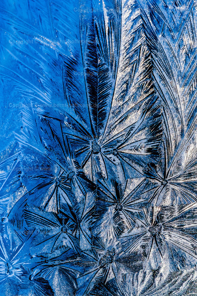 P-IceArt_7883mod11_80x120 | Eisblumen an einem Dachfenster, rechtsseitig von der Wintersonne beschienen. - Realisiert mit Pictrs.com
