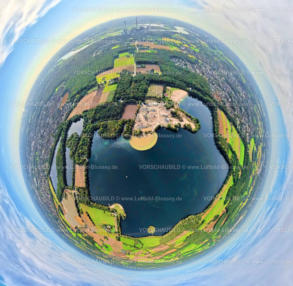 Huenxe250904242(1) | Luftbild, Tenderingssee und Strandbad, Erdkugel, Fisheye Aufnahme, Fischaugen Aufnahme, 360 Grad Aufnahme, tiny world, little planet, fisheye Bild, Bruckhausen, Hünxe, Ruhrgebiet, Nordrhein-Westfalen, Deutschland