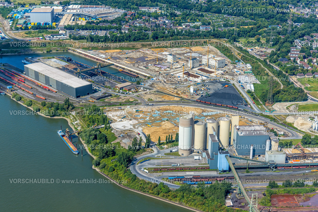 Duisburg250705641Nord | Luftbild, Baustelle mit Neubau Elektroschalthäuser für Direktreduktionsanlage neben dem Südhafen Walsum, vorne Holcim Westcement Betonwerk, Fahrn, Duisburg, Ruhrgebiet, Nordrhein-Westfalen, Deutschland