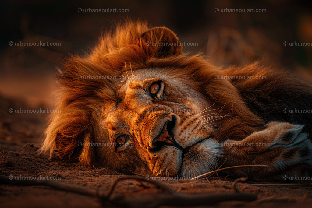 Lion Resting Its Head On The Ground | This intimate image of a lion resting in serene contemplation showcases the gentle side of the king of the jungle. A perfect addition for those who love big cats, bringing a sense of calm and majesty to any space. - Realisiert mit Pictrs.com