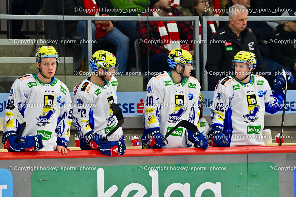 EC KAC vs. EC IDM Wärmepumpen VSV 10.3.2023 | Spielerbank EC VSV, #98 Tomazevic Blaz, #72 Hughes John, #40 Wallenta Elias, #42 Lanzinger Benjamin, Headcoach EC VSV DAUM ROB
