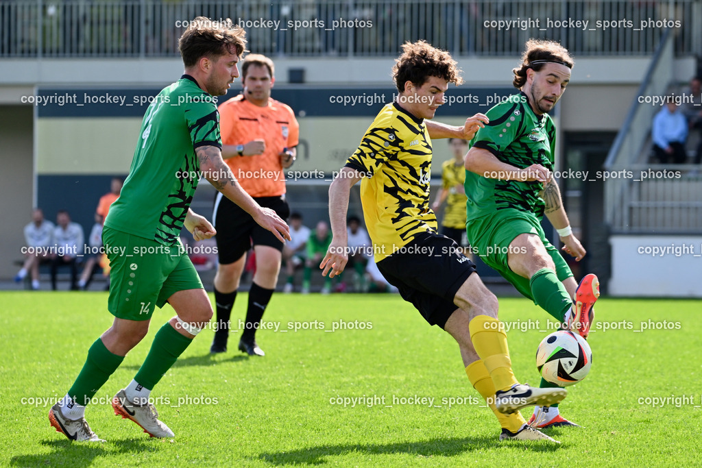 SC Landskron vs. FC Faakersee | #14 Daniel Arneitz SC Landskron, #16 Tobias Felix Waldner FC Faakersee, #10 Nemanja Lukic SC Landskron, SC Landskron vs. FC Faakersee, SC Landskron vs. FC Faakersee am 27.04.2025 in Villach (Sportanlage Landskron), Austria, (Photo by Bernd Stefan)