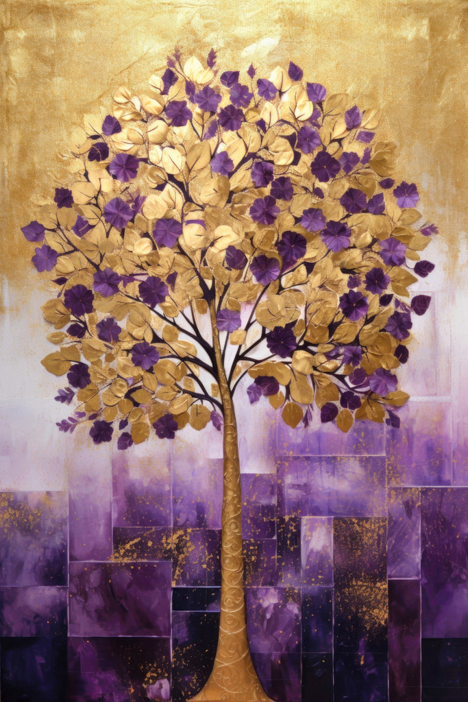10231011 - Baum in lila und gold | Ein illustrativesr abstrakter Baum im Stil eines Gemäldes.