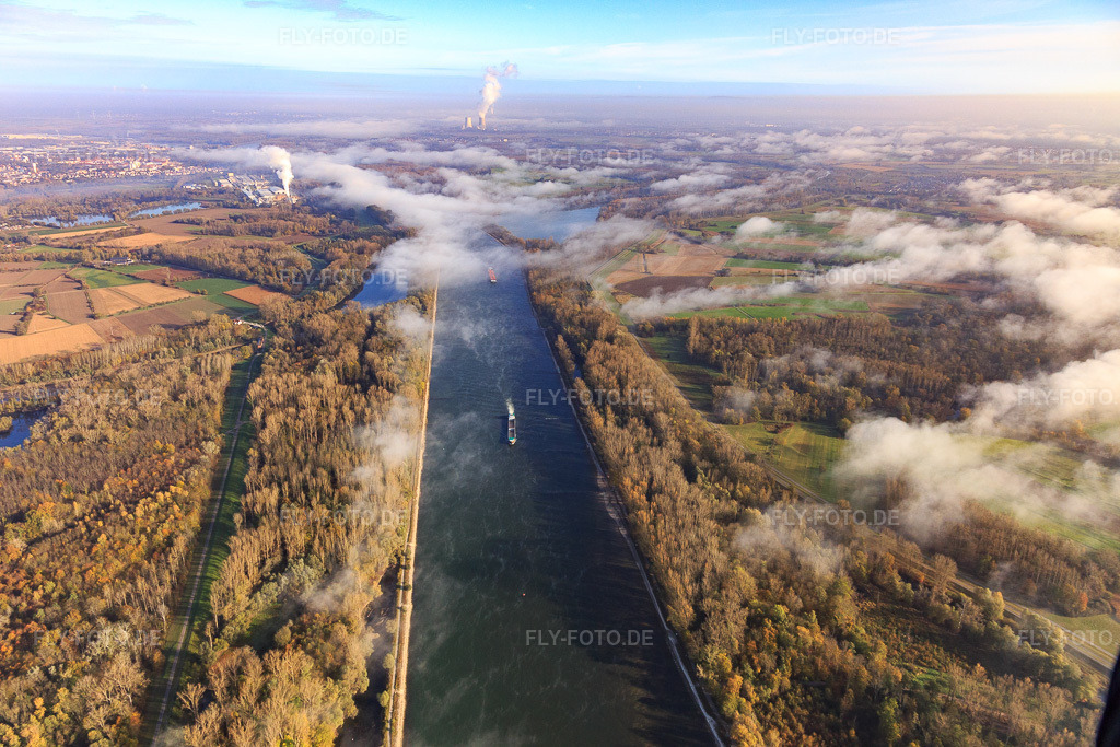Luftbild: Verlauf des Rheins und Rheindammradweg unter Wolken aus Süden in Hördt im Bundesland Rheinland-Pfalz in Deutschland. Foto: IMG_104107.jpg vom 31.10.2017 durch Werner Riehm/FLY-FOTO.de