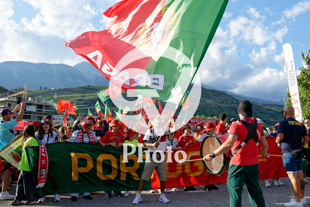 Portugal v Belgium: UEFA Women's EURO 2025 Group B | SION, SWITZERLAND - JULY 11: Fans of Portugal with flags and banner during the UEFA Women's EURO 2025 Group B match between Portugal and Belgium at Stade de Tourbillon on July 11, 2025 in Sion, Switzerland. (Photo by Giuseppe Velletri/Sports Press Photo/Getty Images)