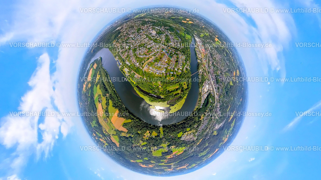 Essen230790246_Heisingen | Luftbild, Baldeneysee und Heisinger Bogen, Erdkugel, Fisheye Aufnahme, Fischaugen Aufnahme, 360 Grad Aufnahme, tiny world, Heisingen, Essen, Ruhrgebiet, Nordrhein-Westfalen, Deutschland