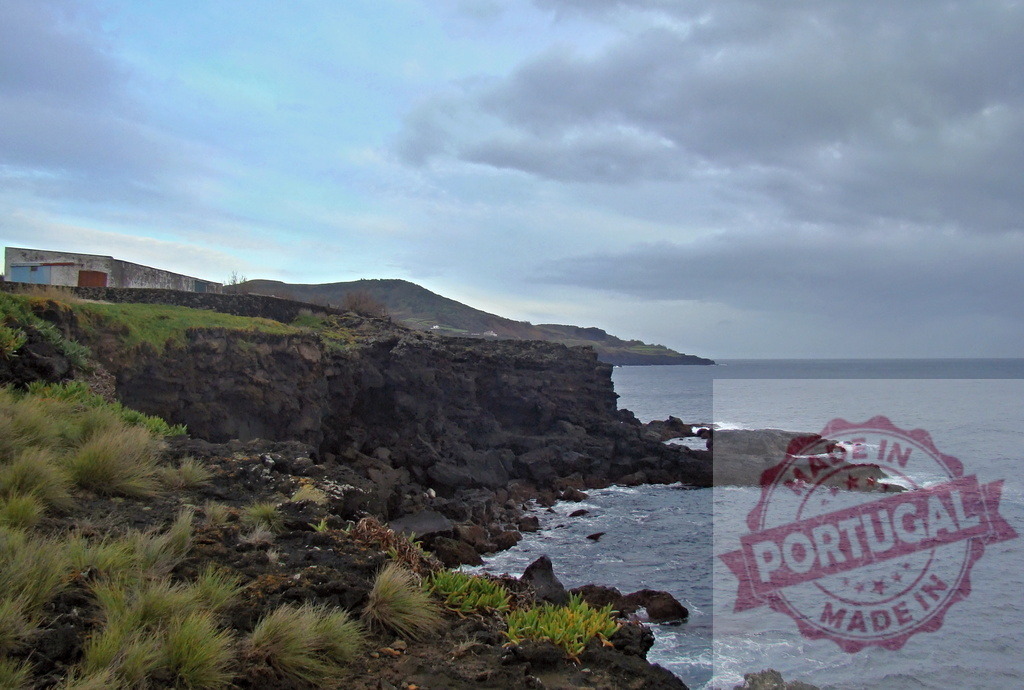 Atlantic ocean waves crashing volcanic rock coastline | Rugged coastline featuring dark volcanic rocks, green vegetation, and cloudy sky over the ocean - Realisiert mit Pictrs.com