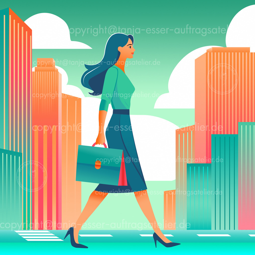 Frau geht ins Büro | Elegante Pastell farbige Illustration einer Frau, die mit Aktentasche in einer Großstadt zur Arbeit geht. Türkis und Orangetöne bilden einen Farbkontrast.