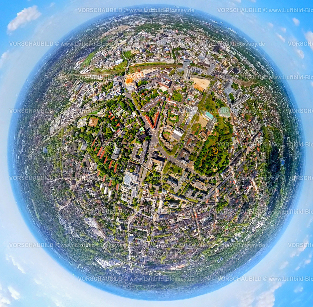 Essen230520094Huyssenallee | Luftbild, City Huysenallee, Philharmonie, Aalto-Theater, Museum Folkwang, Erdkugel, Fisheye Aufnahme, Fischaugen Aufnahme, 360 Grad Aufnahme, Südviertel, Essen, Ruhrgebiet, Nordrhein-Westfalen, Deutschland