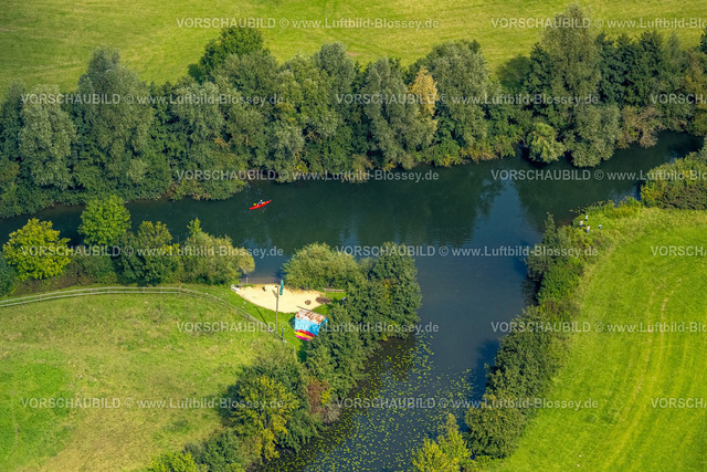 Hamm230900436 | Luftbild, Kleiner Sandstrand mit Bauwagen am Fluss Lippe und Kanufahrer, Uentrop, Hamm, Ruhrgebiet, Nordrhein-Westfalen, Deutschland
