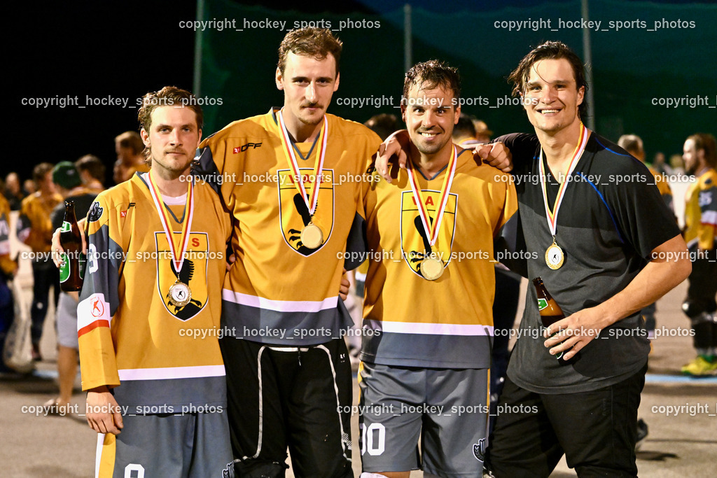 VAS Ballhockey Villach vs. HSC Eagles Poggersdorf | #9 Krumpl Rene, #99 Alagic Adis, #90 Edlinger Patrick, #38 Kravanja Kristian, VAS Ballhockey Villach vs. HSC Eagles Poggersdorf, VAS Ballhockey Villach vs. HSC Eagles Poggersdorf am 26.07.2024 in Villach (Alpen Arena ), Austria, (Photo by Bernd Stefan)