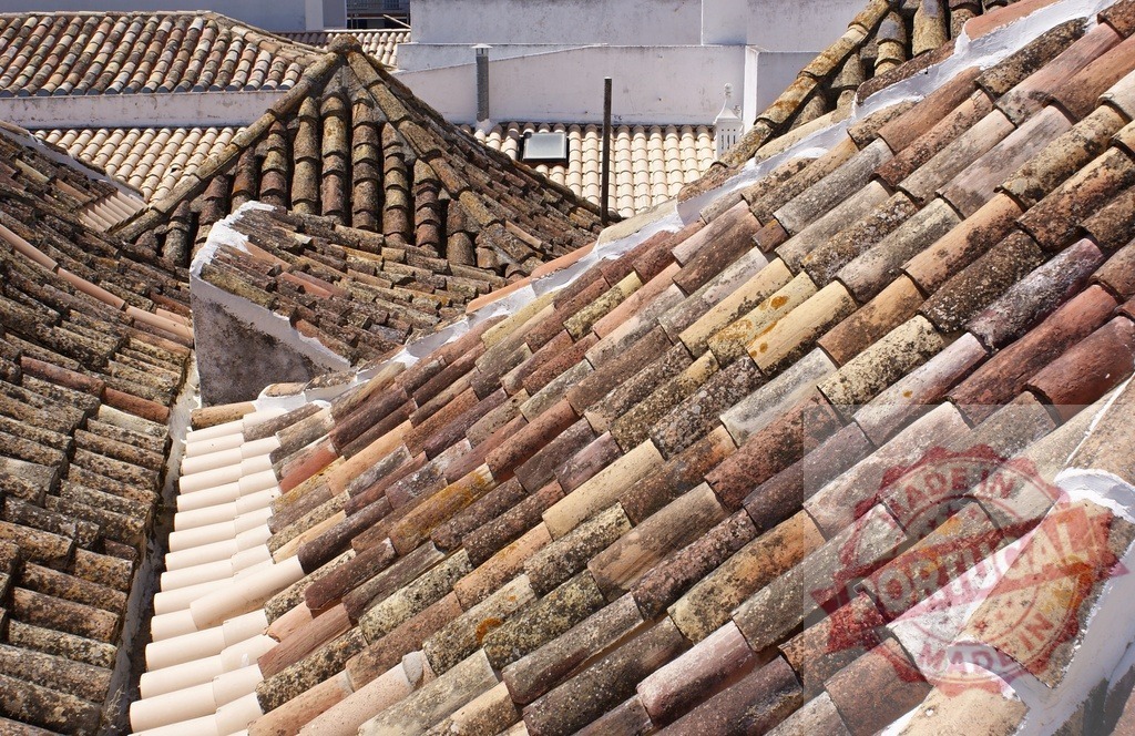 Rows of old curved roof tiles forming a textured surface under the summer sun | Weathered terracotta roof tiles covering mediterranean houses creating a repetitive pattern - Realisiert mit Pictrs.com