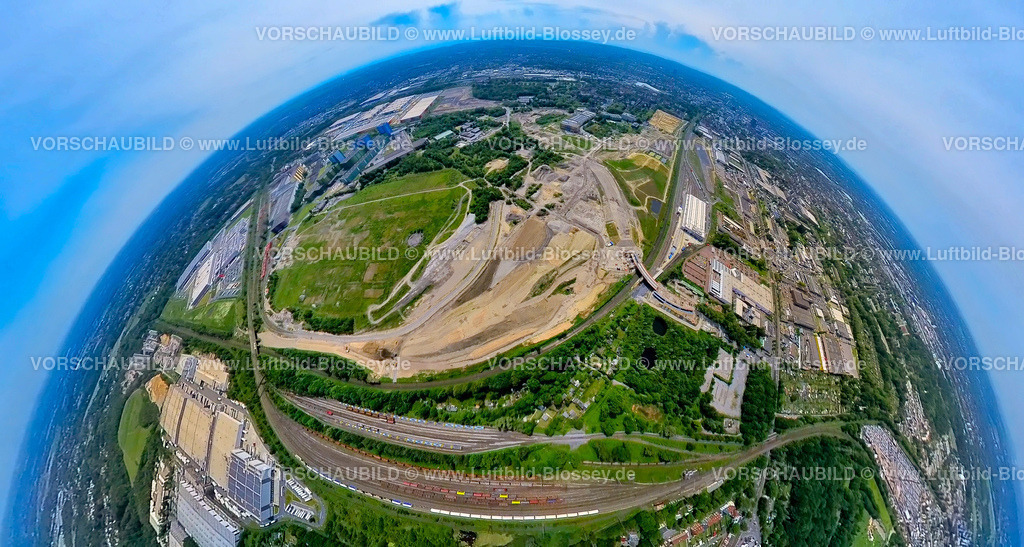 Dortmund240590438Hoesch | Luftbild, Gewerbegebiet Hoesch Westfalenhütte Gelände, Güterbahnhof Gleise, Erdkugel, Fisheye Aufnahme, Fischaugen Aufnahme, 360 Grad Aufnahme, tiny world, little planet, fisheye Bild, Borsigplatz, Dortmund, Ruhrgebiet, Nordrhein-Westfalen, Deutschland