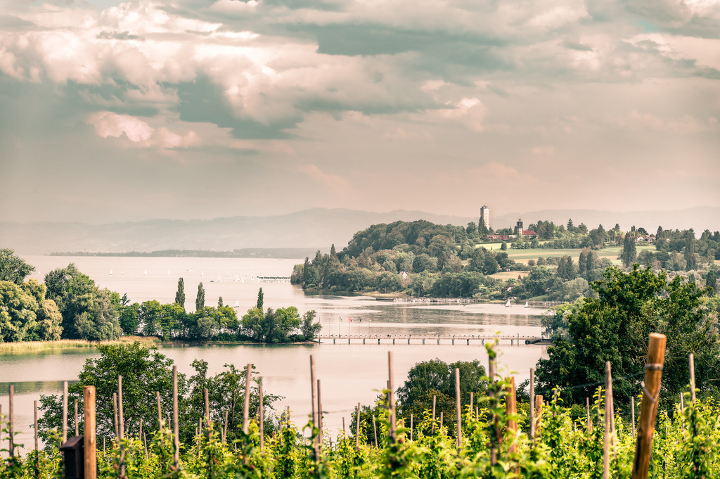 Insel Mainau und Konstanz-Wallhausen | Grün leuchten die Weinberge und die Insel Mainau vor den dunklen Wolken. - Realized with Pictrs.com