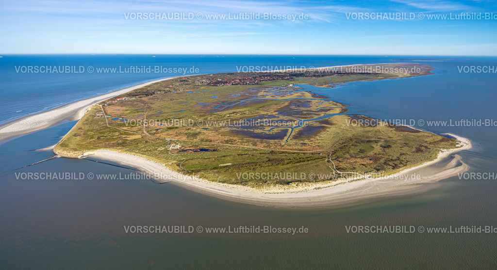 Wittmund251105834Spiekeroog | Luftbild, Gesamtansicht Ostfriesische Insel Spiekeroog, Westergroen Gebiet und Hafen mit Fähranleger, Fernsicht und blauer Himmel mit Horizont, Spiekeroog, Norddeutschland, Ostfriesland, Niedersachsen, Deutschland