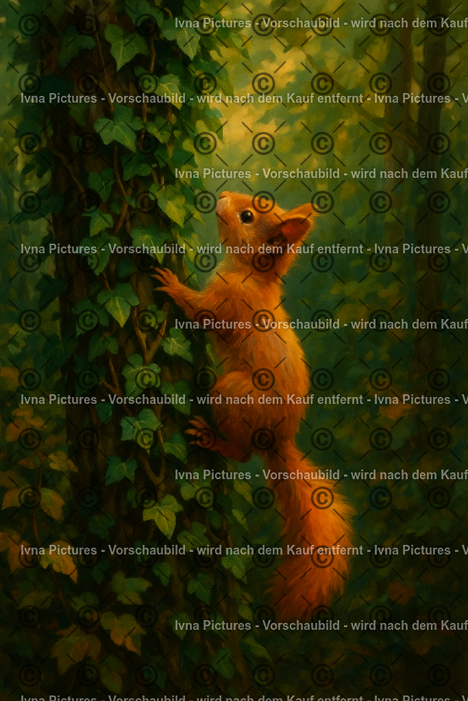 Der Aufstieg ins Licht | Ein rotes Eichhörnchen erklimmt behände einen mit Efeu bewachsenen Baumstamm, während sanftes Sonnenlicht durch das Blätterdach fällt. In seinem Blick spiegelt sich Entschlossenheit und Lebensfreude – der Mut, immer wieder dem Licht entgegenzustreben. - Realisiert mit Pictrs.com