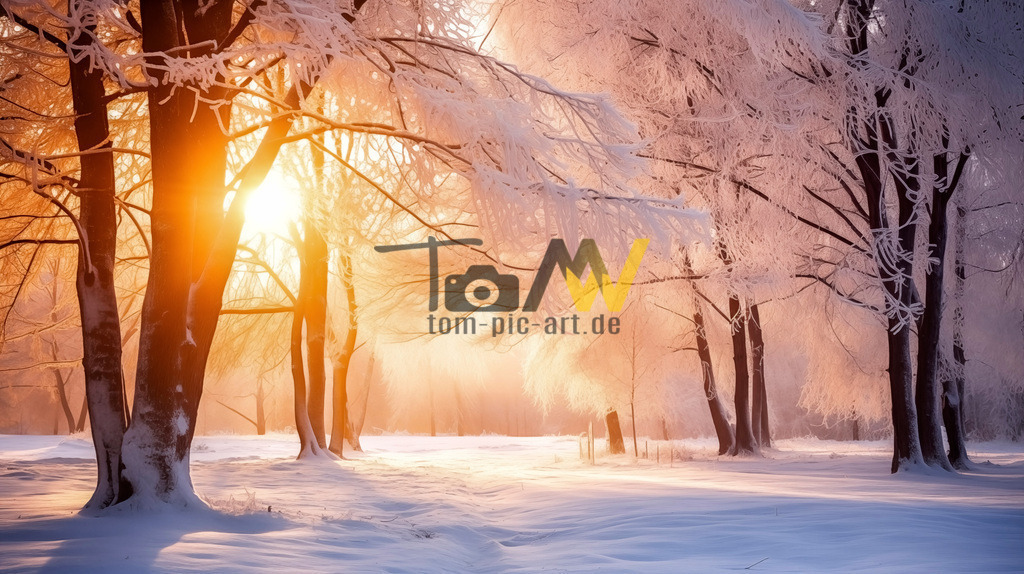 Frostige Baeume in der der Wintersonne | Bei eisigen Temperaturen stehen diese Baeume auf einem verschneiten Feld,von der aufgehenden Wintersonne beschienen. Ein KI Bild. - Realisiert mit Pictrs.com